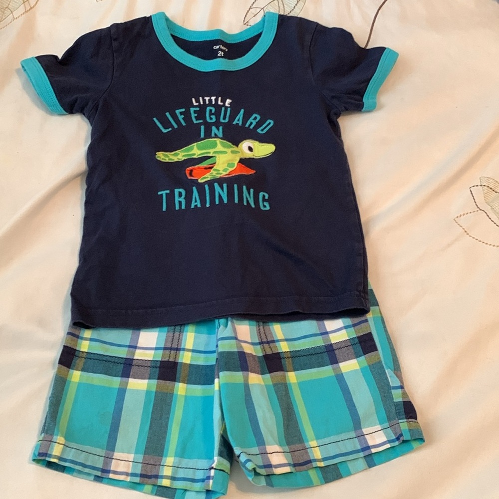 Carter’s Boys Matching Set 2T Plaid Shorts with Turtle Shirt